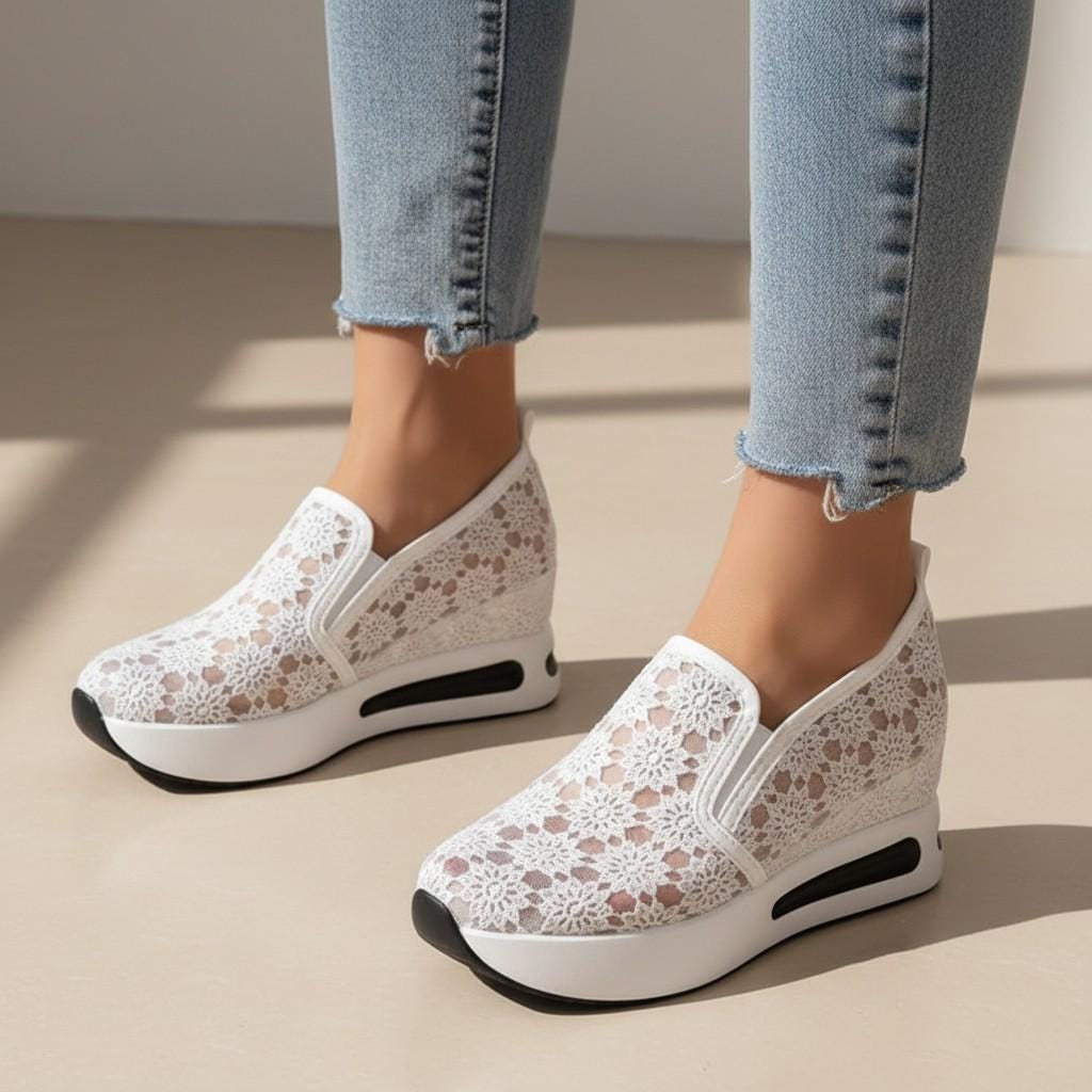 White Lace Bridal Wedge Sneakers, Floral Platform Wedding Shoes