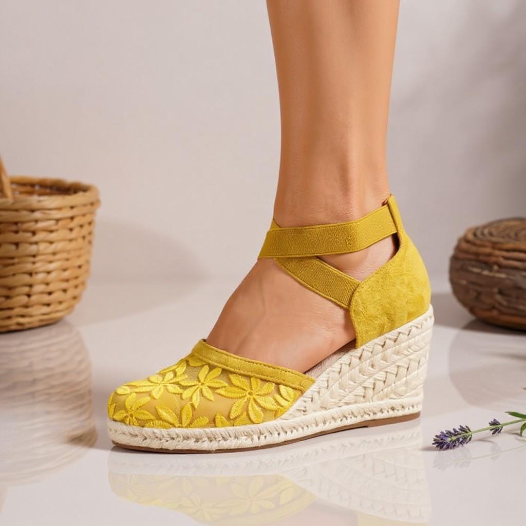Yellow Floral Espadrille Wedge Sandals, Embroidered Ankle Strap Shoes, Summer Platform Heels
