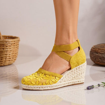 Yellow Floral Espadrille Wedge Sandals, Embroidered Ankle Strap Shoes, Summer Platform Heels
