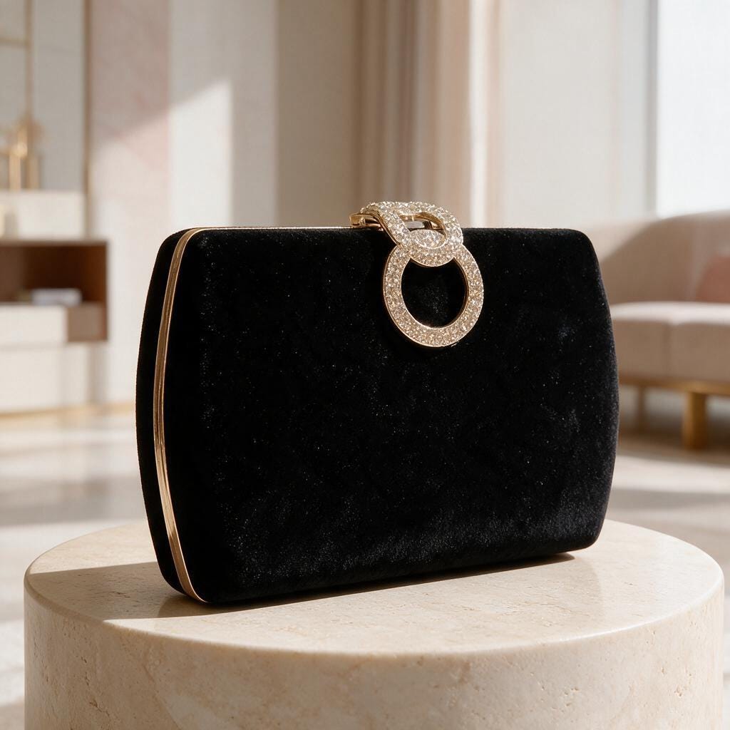 Black Velvet Clutch, Rhinestone Ring Evening Bag, Elegant Formal Purse, Party Handbag