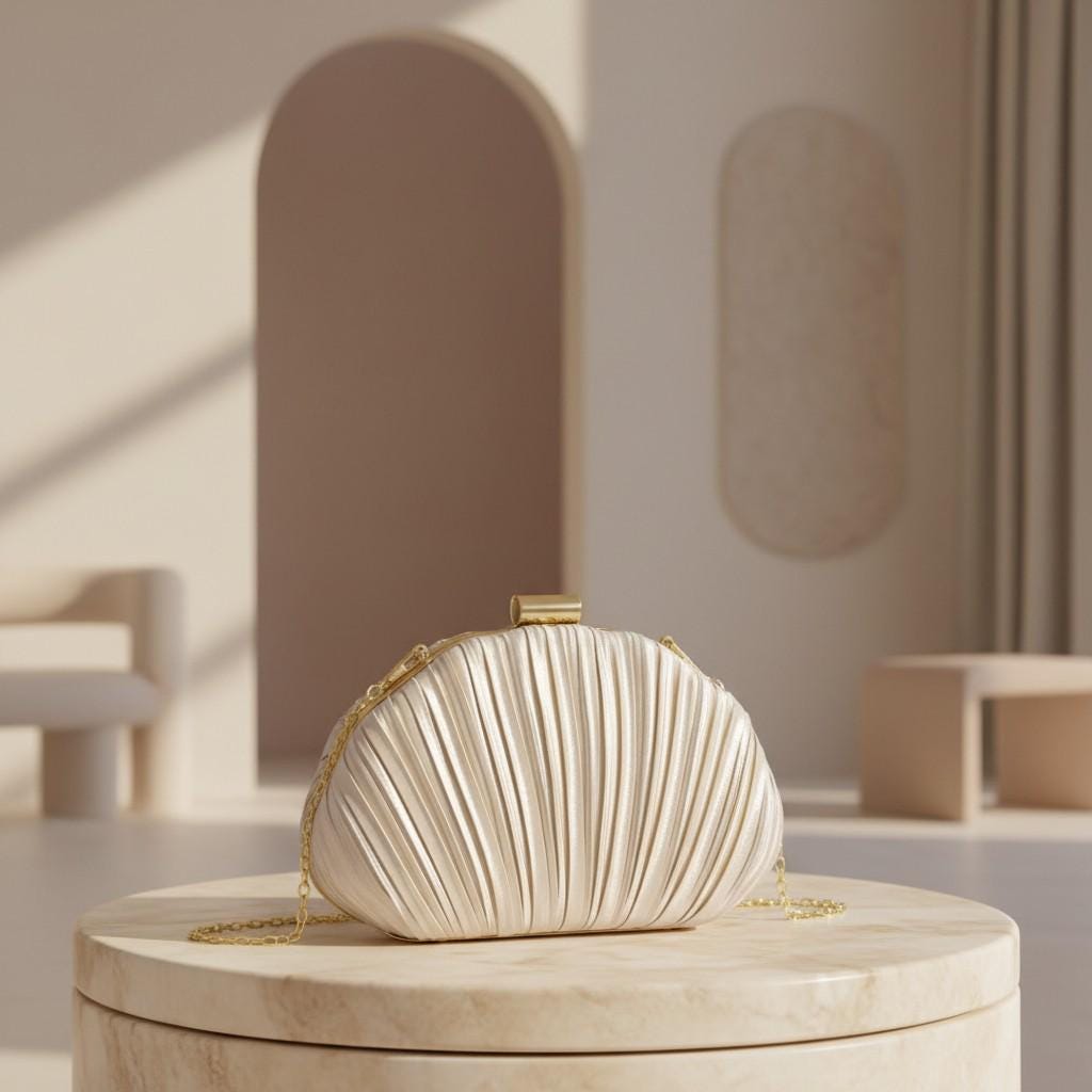 Ivory Shell Clutch Bag, Pleated Evening Purse with Gold Chain, Elegant Wedding Bridal Bag, Formal Party Handbag
