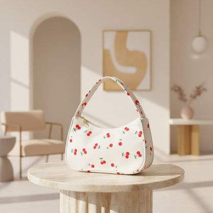 White Cherry Print Shoulder Bag, Cute Baguette Purse, Y2K Fruit Print Handbag, Small Underarm Bag, Casual Summer Bag