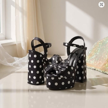 Black Polka Dot Platform Heels, Bow High Heel Sandals, White Dot Chunky Heels, Women's Statement Shoes