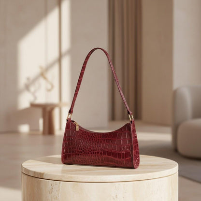 Burgundy Croc Shoulder Bag, Baguette Purse for Women, Small Glossy Handbag, Trendy Evening Bag