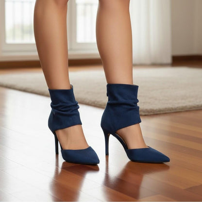 Navy Blue Slouchy Peep Toe Booties, Ruched Open Toe High Heel Ankle Boots, Women's Stiletto Shoes