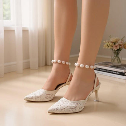 Ivory Lace Bridal Heels, Pointed Toe Slingback Wedding Shoes, Pearl Detail