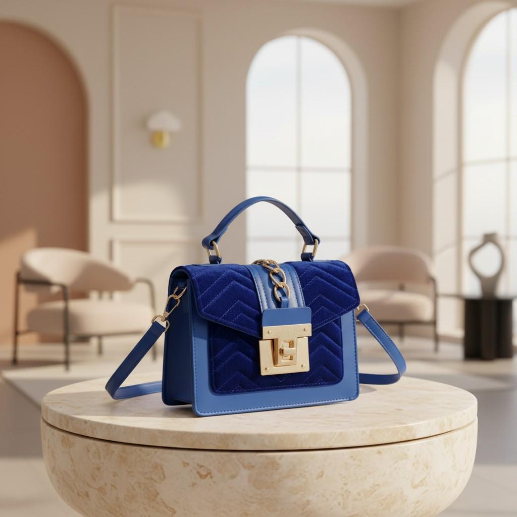 Blue Quilted Crossbody Bag for Women, Flap Shoulder Purse, Small Handbag with Adjustable Strap, Top Handle Bag
