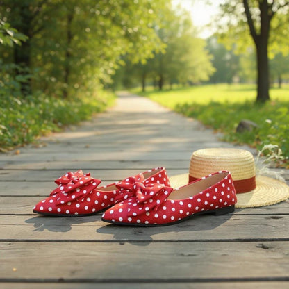 Red Polka Dot Ballet Flats, Pointed Toe Bow Shoes, Vintage Ballerina Flats