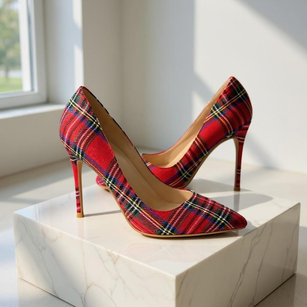 Red Plaid Heels, Tartan High Heel Pumps, Pointed Toe Stiletto Shoes, Women's Statement Dress Shoes