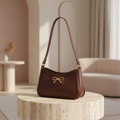 Brown Bow Shoulder Bag, Chocolate Baguette Purse, Gold Bow Handbag, Coquette Underarm Bag, Minimalist Everyday Purse