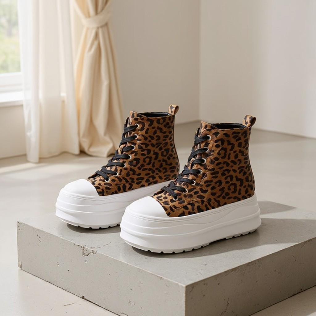 Leopard Print Platform Sneakers, High Top Chunky Sneakers, Animal Print Lace Up Shoes, Women's Fashion Shoes