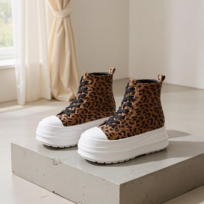 Leopard Print Platform Sneakers, High Top Chunky Sneakers, Animal Print Lace Up Shoes, Women's Fashion Shoes