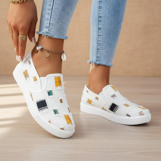 Women's Geometric Slip On Sneakers, White Patterned Casual Shoes, Colorful Low Top Everyday Footwear
