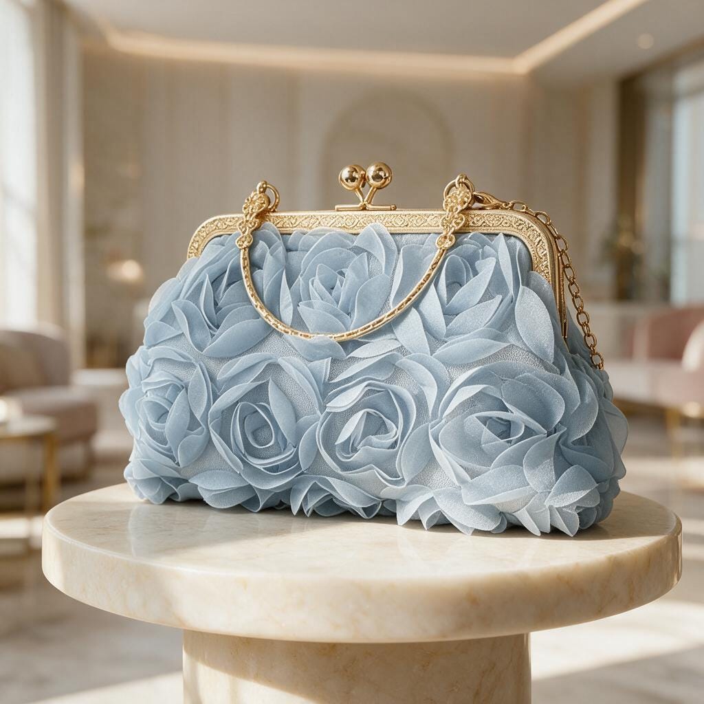 Light Blue Floral Clutch, 3D Flower Evening Bag, Powder Blue Wedding Purse, Bridal Clutch, Kiss Lock Chain Handbag