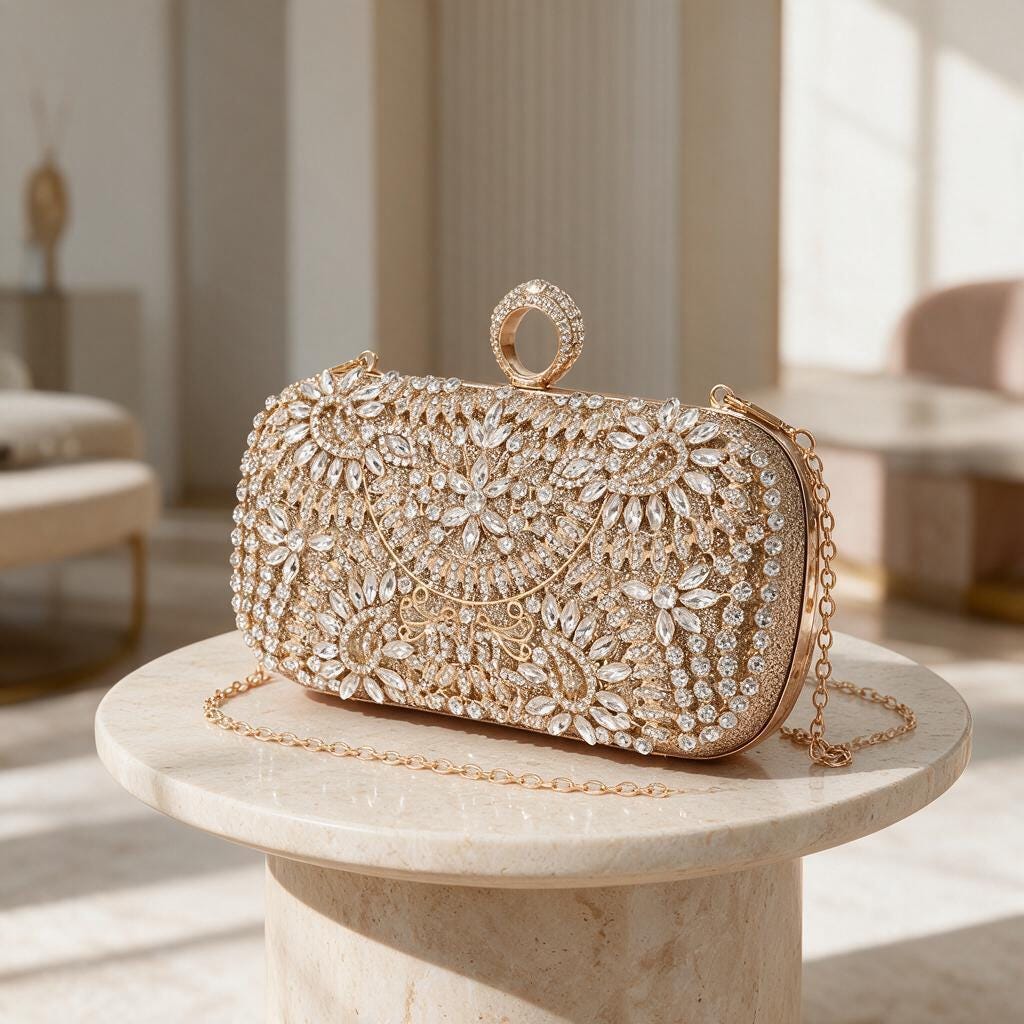 Gold Crystal Clutch Bag, Rhinestone Evening Purse, Floral Bridal Bag, Wedding Clutch with Chain, Sparkly Party Handbag