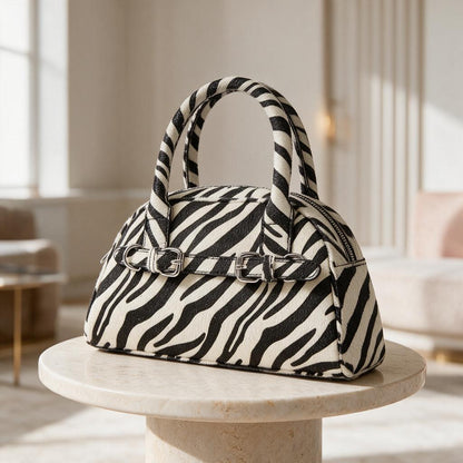 Zebra Print Handbag, Black White Top Handle Purse, Animal Print Bag, Structured Statement Handbag, Trendy Womens Purse