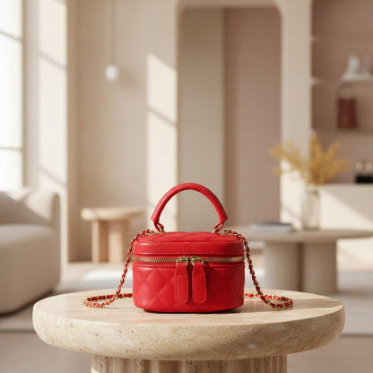 Red Quilted Mini Bag, Women's Crossbody Shoulder Purse, Small Top Handle Handbag, Double Zip Compact Bag