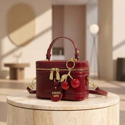 Burgundy Shoulder Bag, Women's Top Handle Crossbody Purse, Double Zip Handbag, Cherry Charm Bag, Structured Box Bag