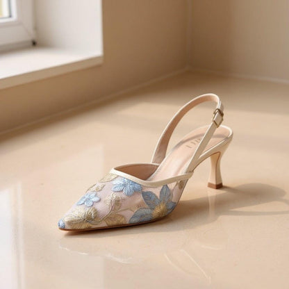 Floral Embroidered Slingback Heels, Pointed Toe Mesh Pumps, Elegant Low Heel Shoes
