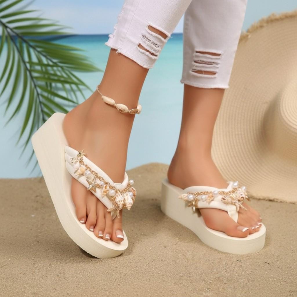 White Platform Sandals for Women, Pearl and Shell Embellished Flip Flops, Beach Vacation Shoes
