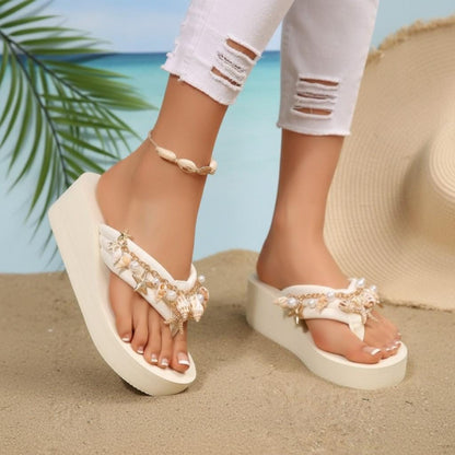 White Platform Sandals for Women, Pearl and Shell Embellished Flip Flops, Beach Vacation Shoes