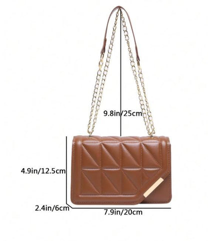 Brown Quilted Shoulder Bag, Geometric Flap Purse, Cognac Chain Handbag, Crossbody Bag, Elegant Quilted Purse