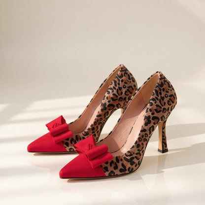 Leopard Print Red Bow Heels, Pointed Toe Pumps, Stiletto Shoes