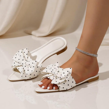 White Bow Slide Sandals, Polka Dot Flat Sandals, Oversized Bow Summer Shoes