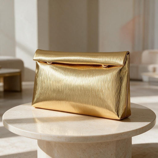 Metallic Gold Pleated Clutch Bag, Textured Envelope Purse, Gold Evening Bag, Foldover Party Clutch, Elegant Wedding Guest Purse