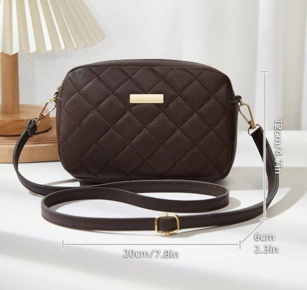 Brown Quilted Crossbody Bag, Diamond Stitch Purse, Small Shoulder Bag, Minimalist Brown Handbag, Gold Detail Everyday Bag