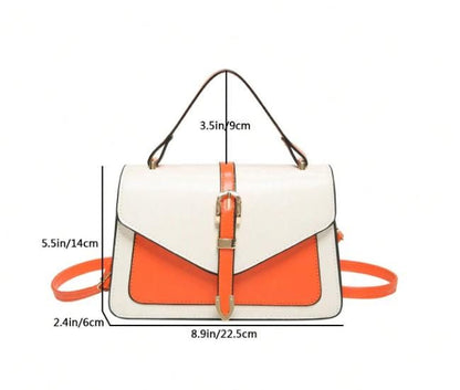 White Orange Colorblock Handbag, Top Handle Crossbody Bag, Buckle Flap Purse, Structured Shoulder Bag, Chic Everyday Bag