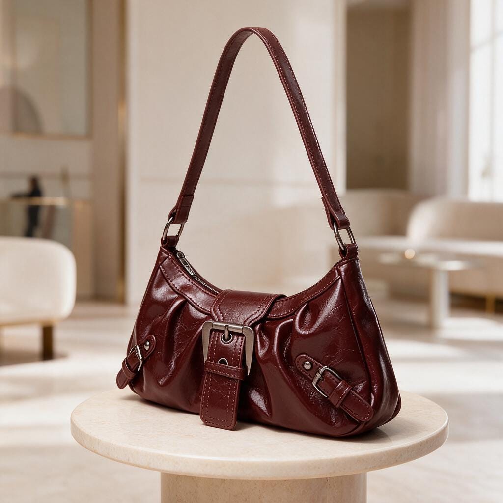 Burgundy Buckle Shoulder Bag, Y2K Baguette Purse, Glossy Handbag, Retro Small Bag