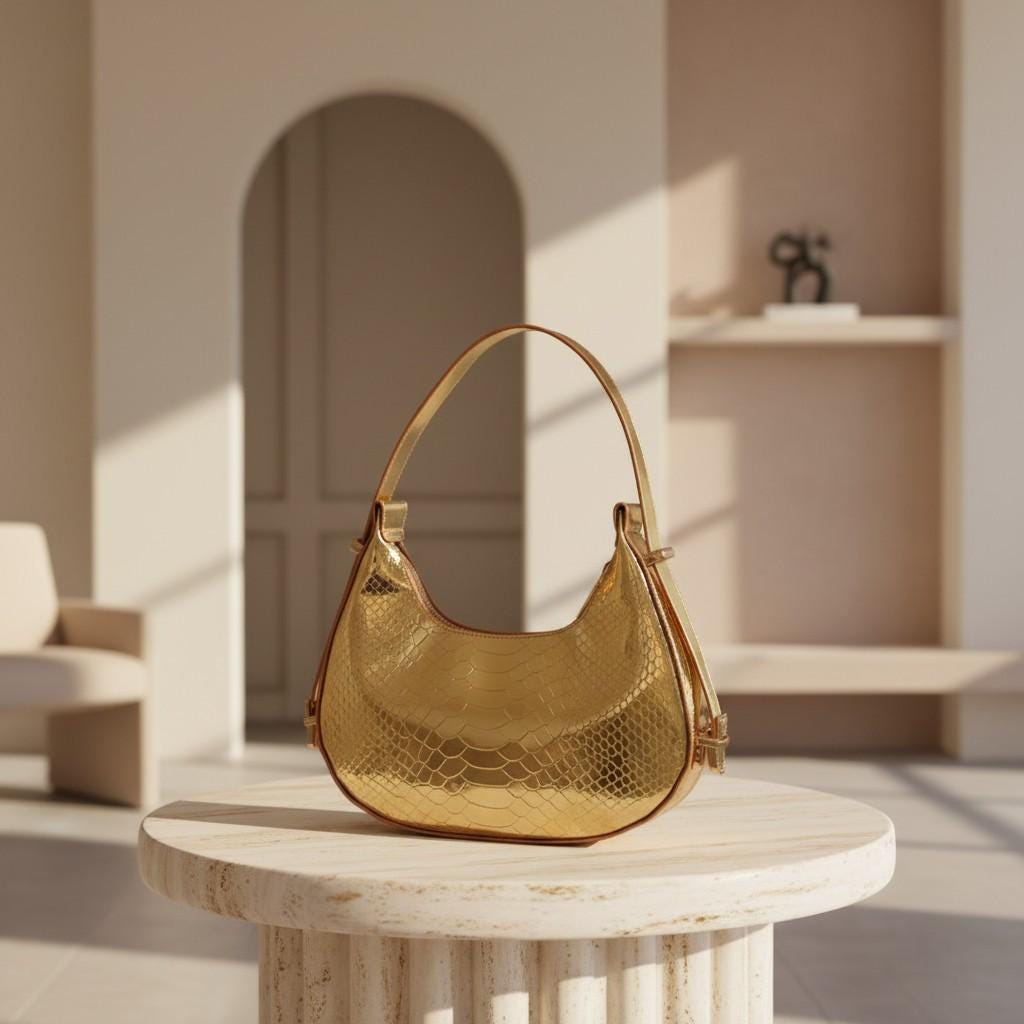 Metallic Gold Shoulder Bag, Reptile Texture Hobo Purse, Shiny Gold Handbag, Statement Evening Bag, Y2K Bag