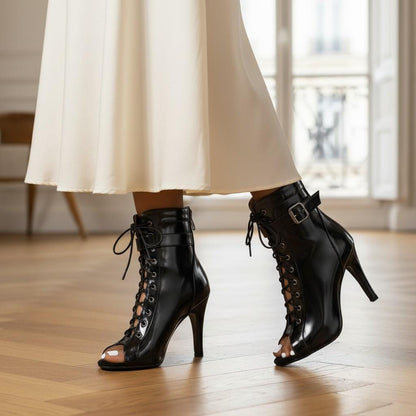 Black Lace Up Peep Toe Booties, Open Toe High Heel Ankle Boots, Black Stiletto Heels, Women's Party Shoes