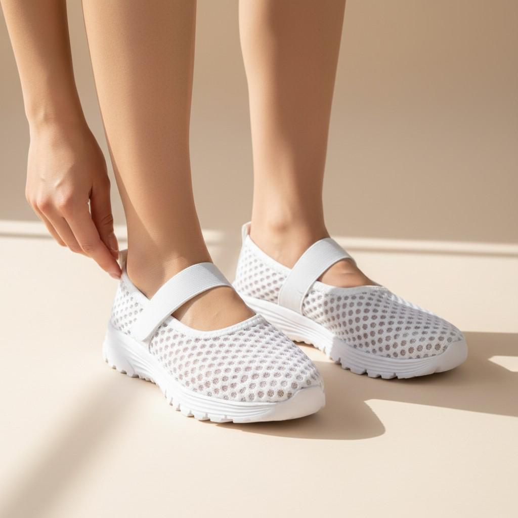 White Mesh Mary Jane Sneakers for Women, Casual Strap Shoes, Lightweight Summer Footwear