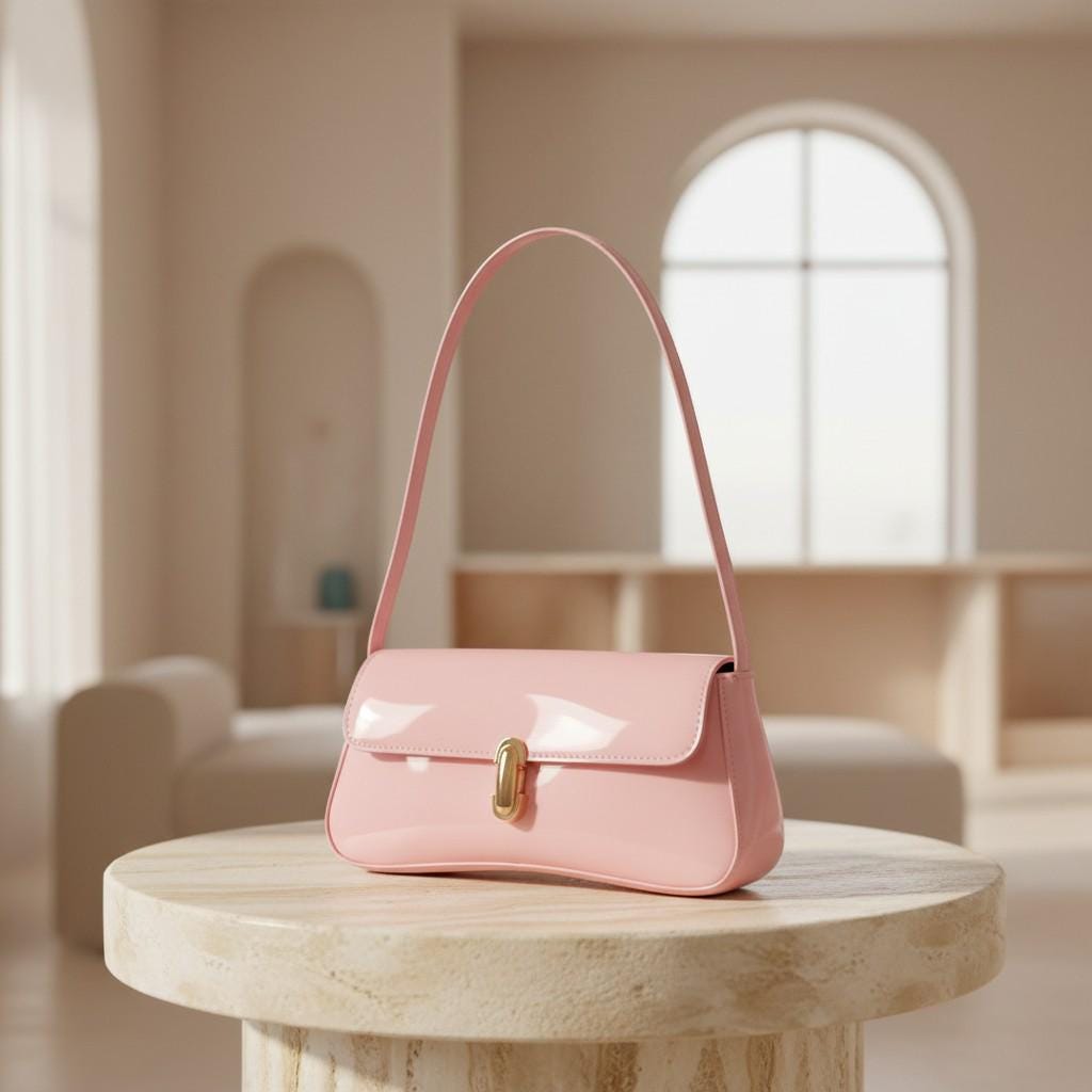 Pink Baguette Shoulder Bag, Glossy Pink Purse, Y2K Mini Handbag, Gold Buckle Shoulder Purse, Cute Pink Underarm Bag
