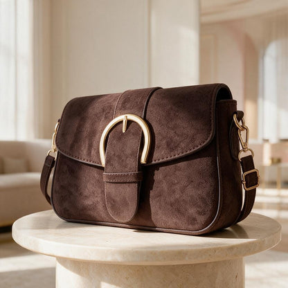 Brown Crossbody Bag, Chocolate Shoulder Purse, Gold Buckle Handbag, Minimalist Small Bag, Everyday Women's Purse