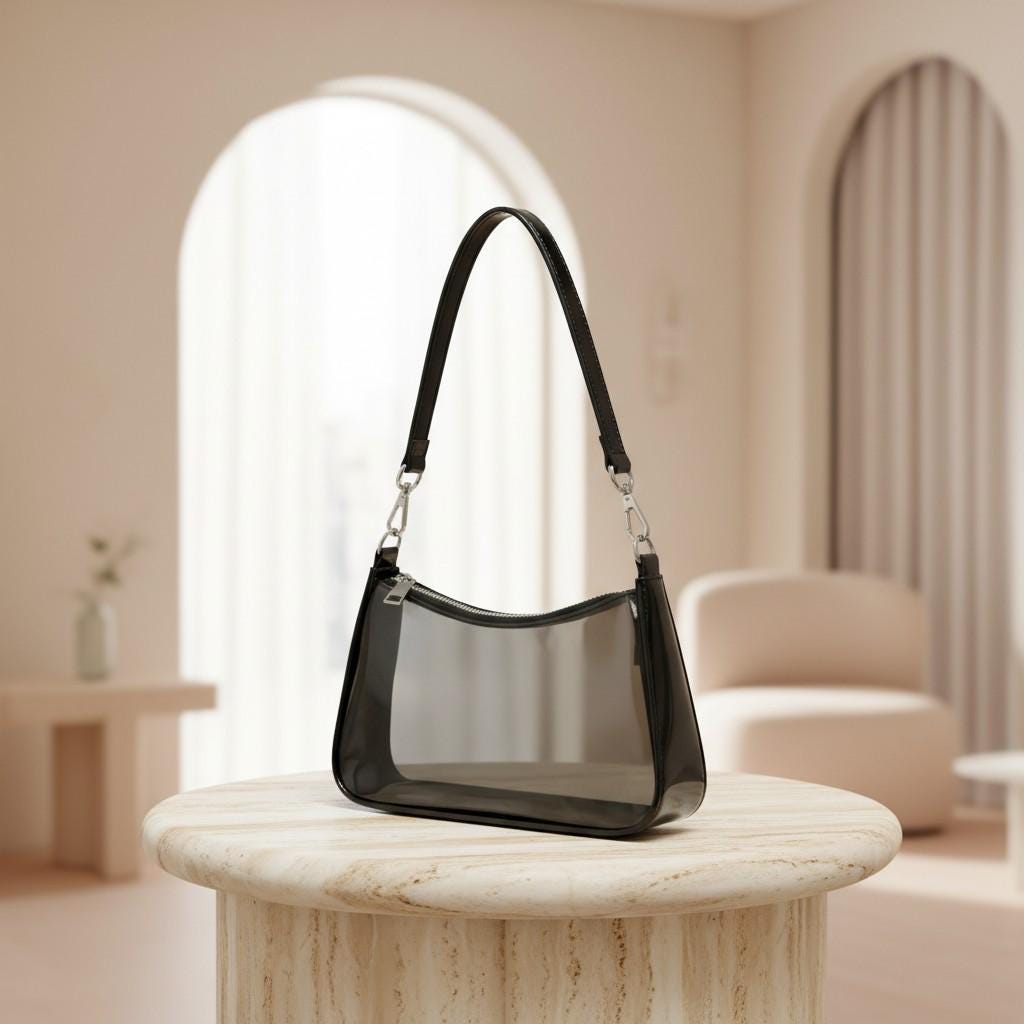 Black Clear Shoulder Bag, Transparent Purse for Women, See Through Handbag, Minimalist Zip Bag, Small Purse