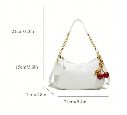 White Baguette Shoulder Bag, Cherry Charm Purse, Small Y2K Handbag, Gold Chain Crossbody