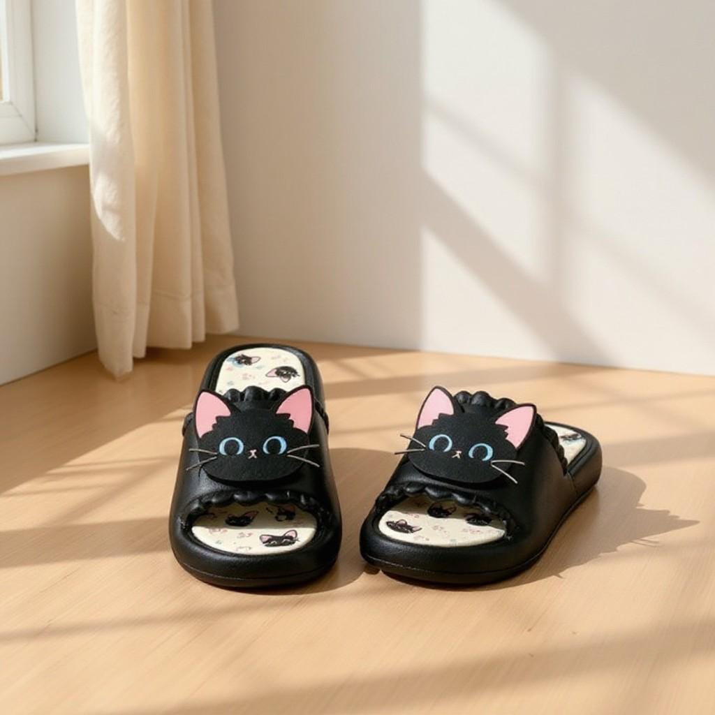 Cute Cat Slippers, Black Cat Slides, Kawaii House Slippers, Women's Indoor Slippers, Funny Cat Shoes, Cozy Summer Slides, Gift for Cat Lover