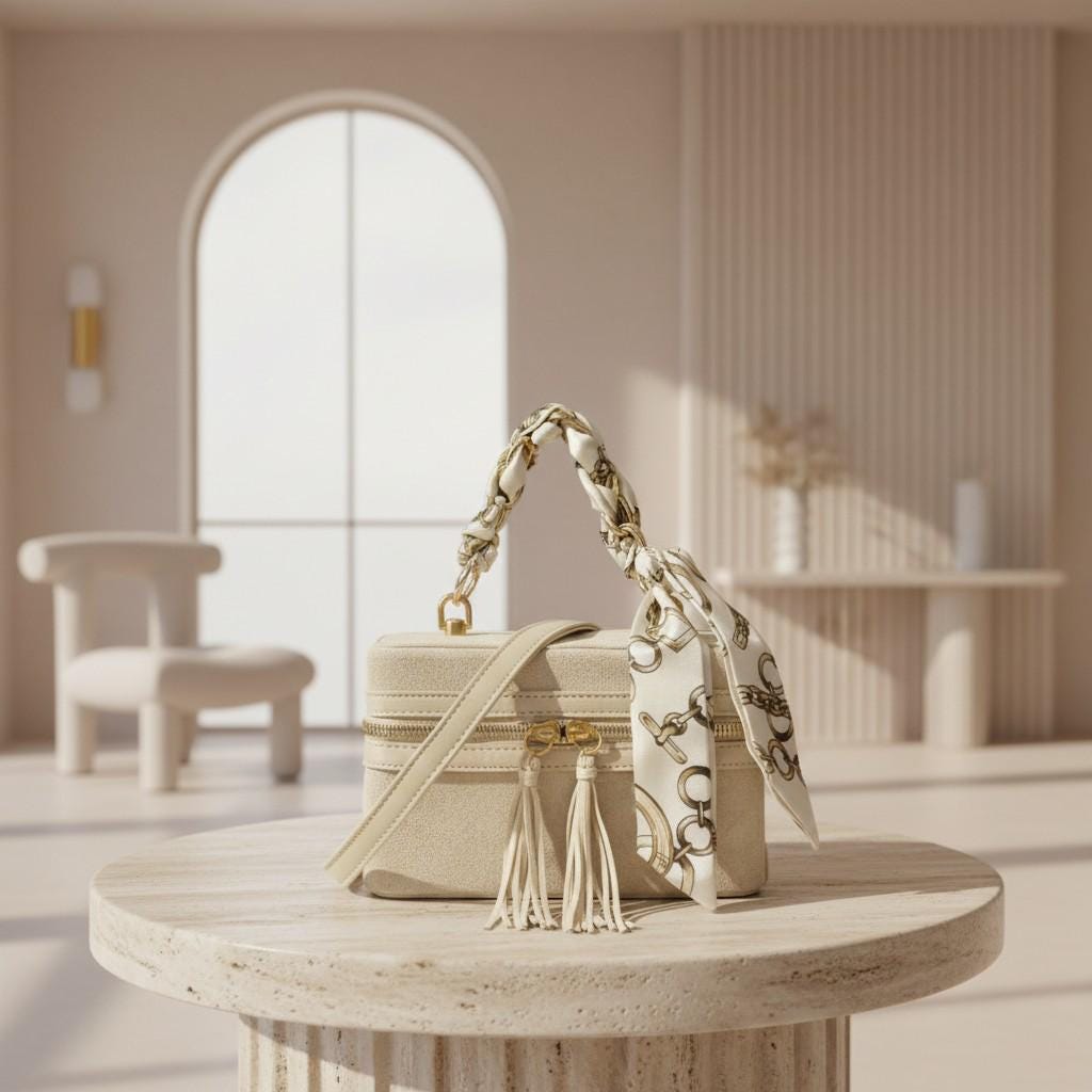 Cream Structured Top Handle Bag, Scarf Handle Purse, Tassel Shoulder Bag, Neutral Handbag