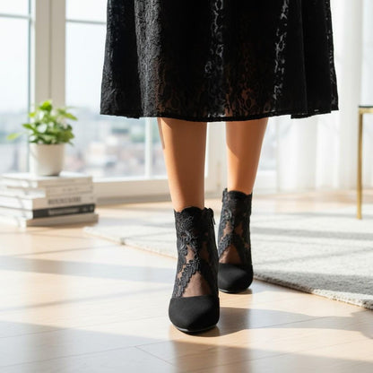 Black Lace Ankle Boots, Floral Embroidered Block Heel Booties for Women