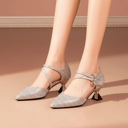 Silver Rhinestone Heels for Women, Pointed Toe Strappy Pumps, Sparkly Bridal Wedding Shoes