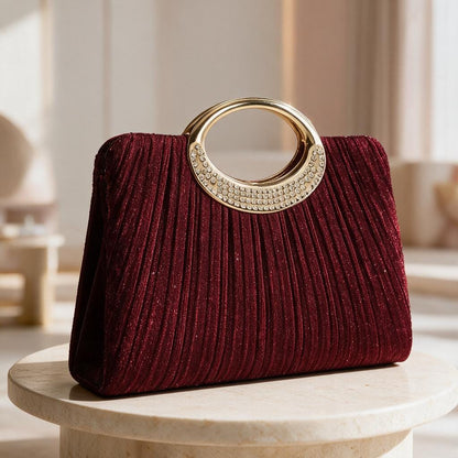 Burgundy Evening Clutch, Wine Red Party Purse, Rhinestone Ring Handle Bag, Elegant Wedding Guest Handbag, Statement Clutch