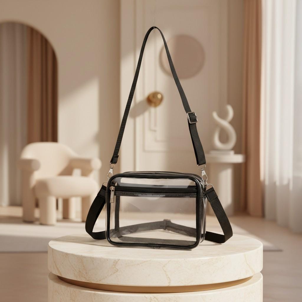 Clear Crossbody Bag, Transparent Shoulder Purse, Black Trim Zipper Handbag