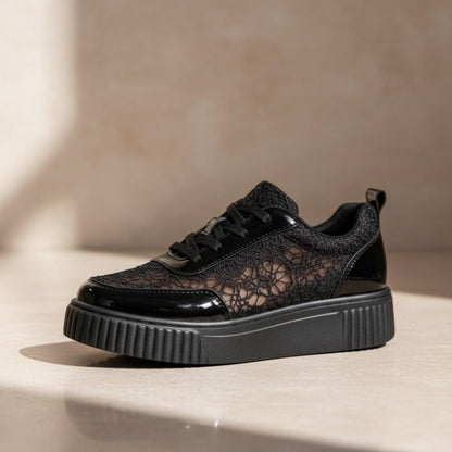 Black Lace Platform Sneakers, Women's Chunky Shoes, Lace Up Fashion Trainers