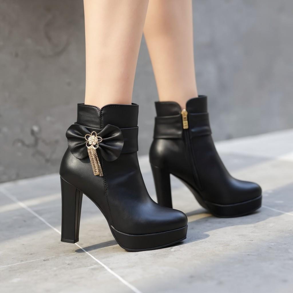 Black Bow Platform Ankle Boots, High Heel Booties, Elegant Embellished Shoes