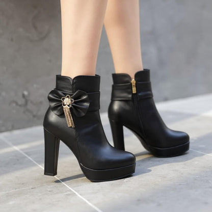 Black Bow Platform Ankle Boots, High Heel Booties, Elegant Embellished Shoes