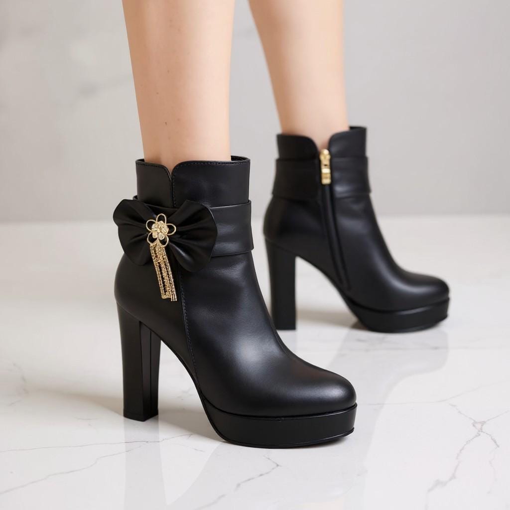 Black Bow Platform Ankle Boots, High Heel Booties, Elegant Embellished Shoes