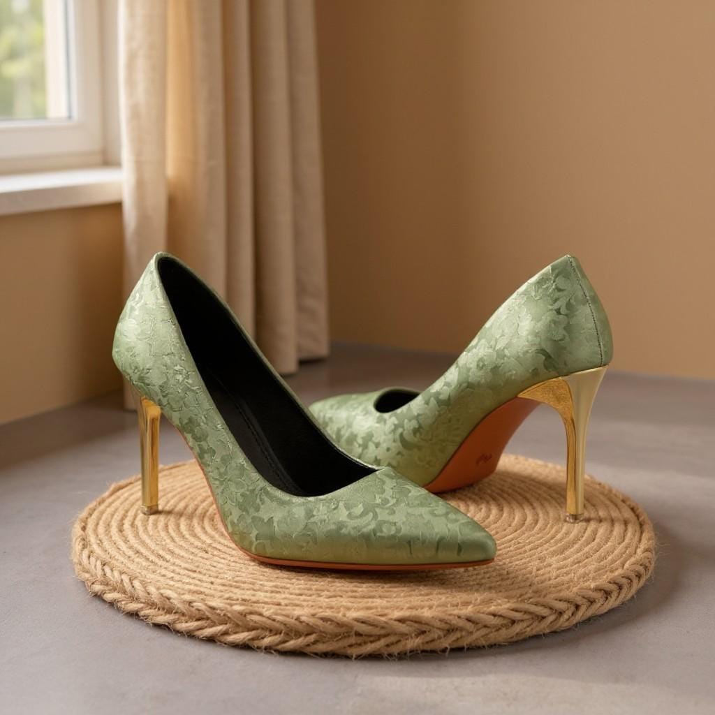 Green Floral Heels, Pointed Toe Stiletto Pumps, Sage Green Dress Shoes